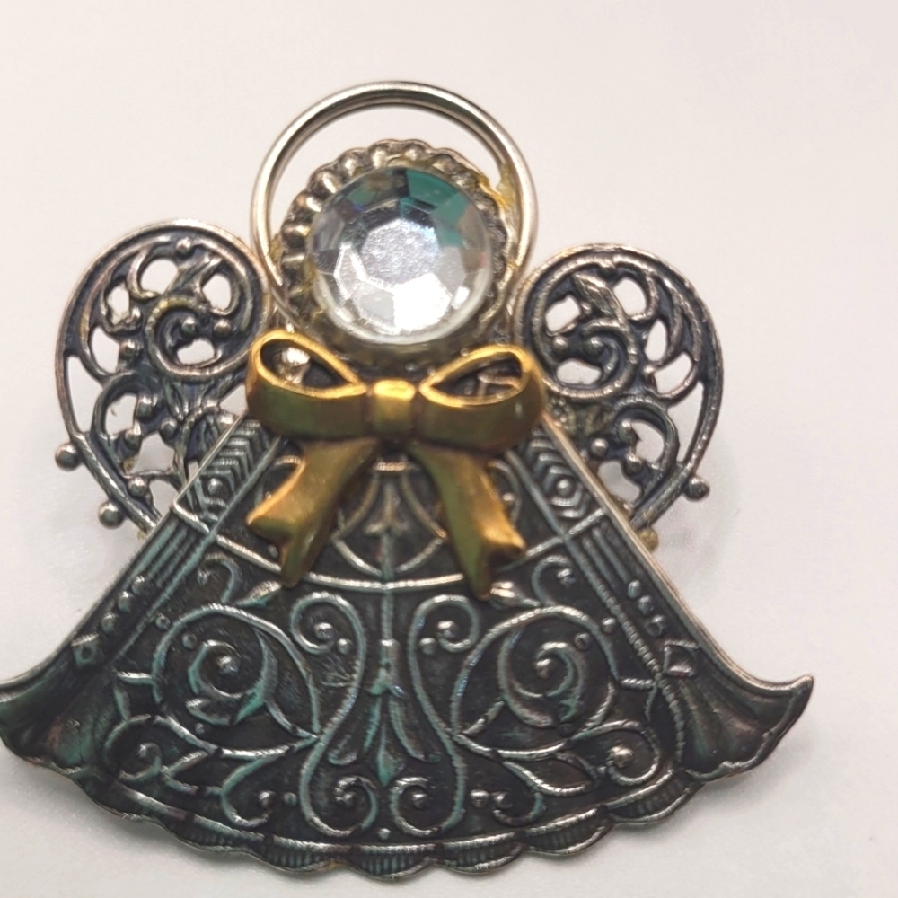 Vintage Christmas Angel Brooch Mixed Metal With Bronze Tone  Faux Diamond RARE‎